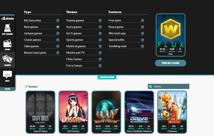 Cashmio mobile casino games and filters.
