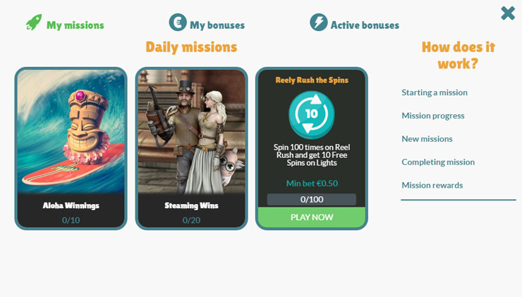 Cashmio mobile casino missions.